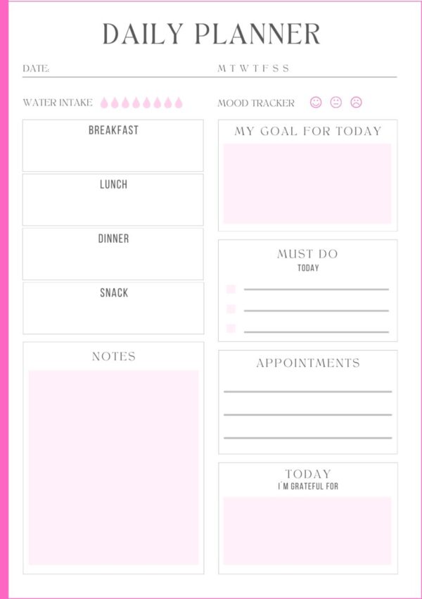 Printbar Daily Wellness Planner | A5 Selvomsorg & Daglig Planlegger, rosa.
