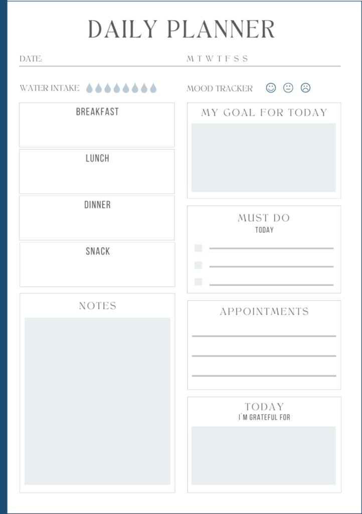 Printbar Daily Wellness Planner | A5 Selvomsorg & Daglig Planlegger, blå.