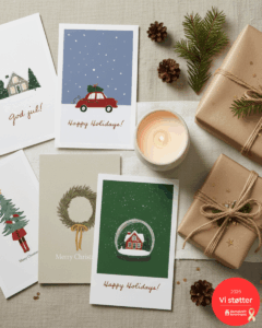 Julekort – 10-pakning i skandinavisk design på et bord med pakker